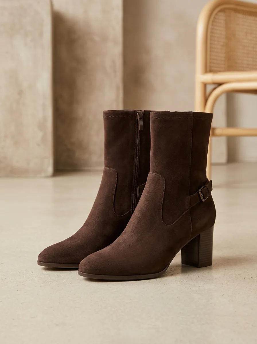 Buckle-Strap Block-Heel Suede-Look Women's High-Heel Ankle Boots