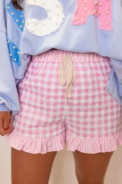 Ruffle-Trim Gingham Print Ruffle Striped Detail Lace Tie Shorts