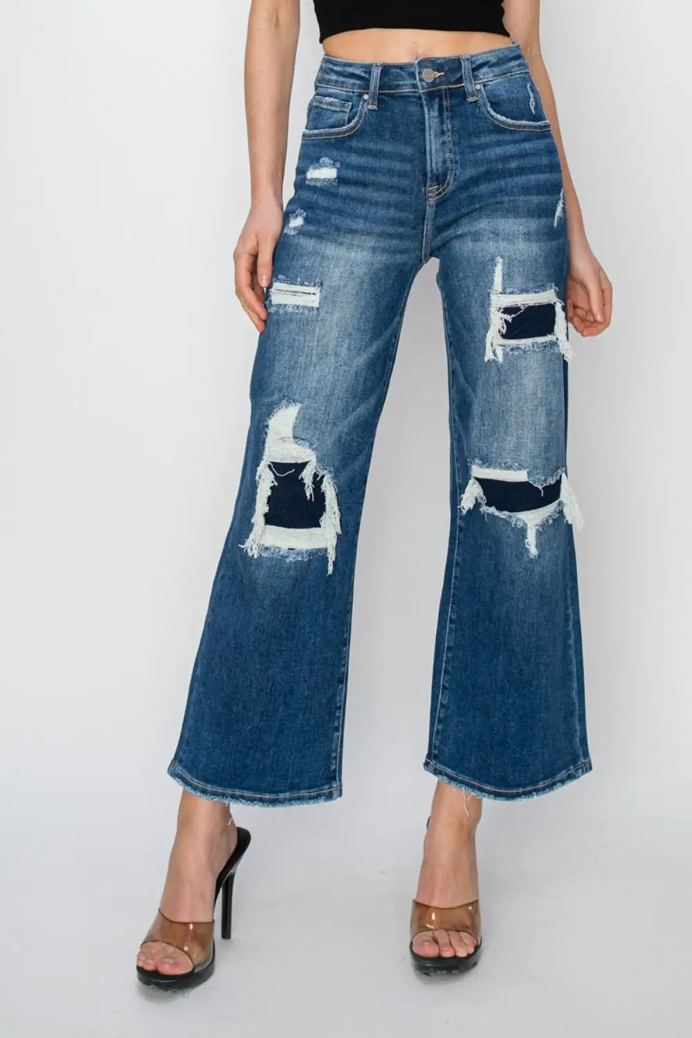 High Rise Patch Detailed Wide Leg Denim Jeans