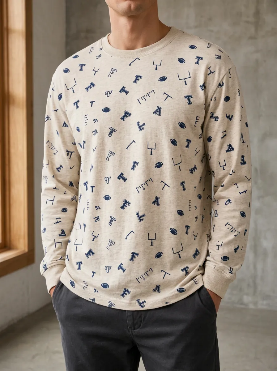 Men's American Football Fan Football Goal Printed Long Sleeve Top