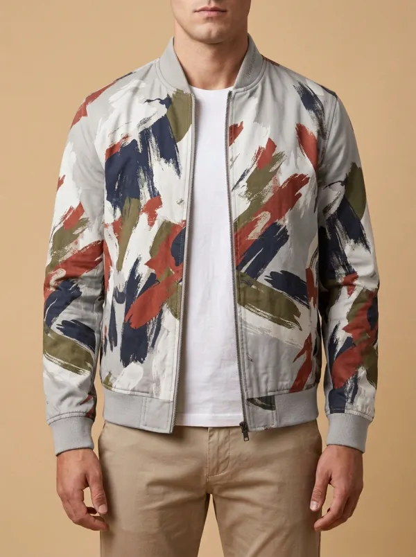 Men's Abstract Brushstroke Camo Printed Bomber Jacket
