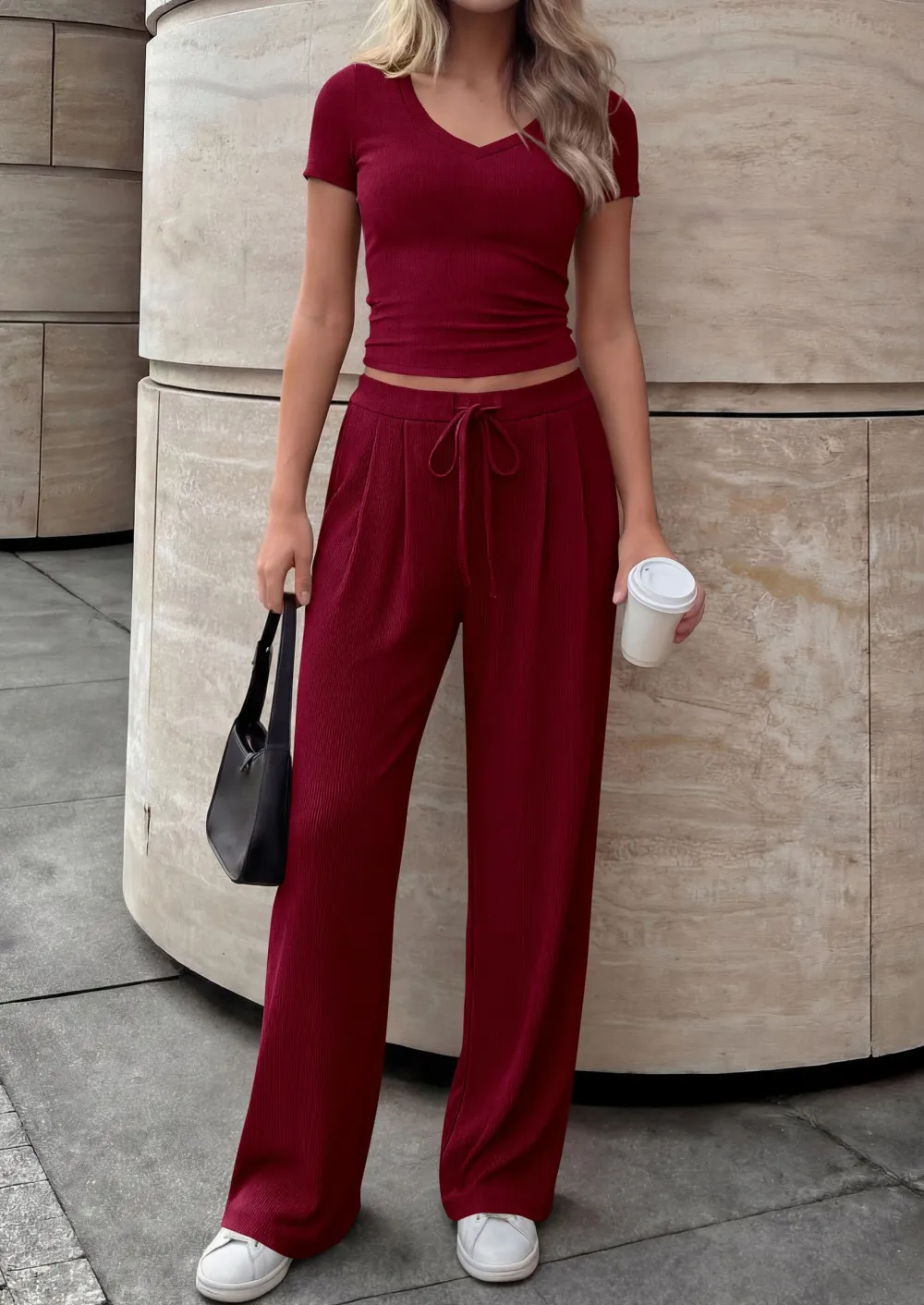 V Neck Tops Wide Leg Pants Set In Navy