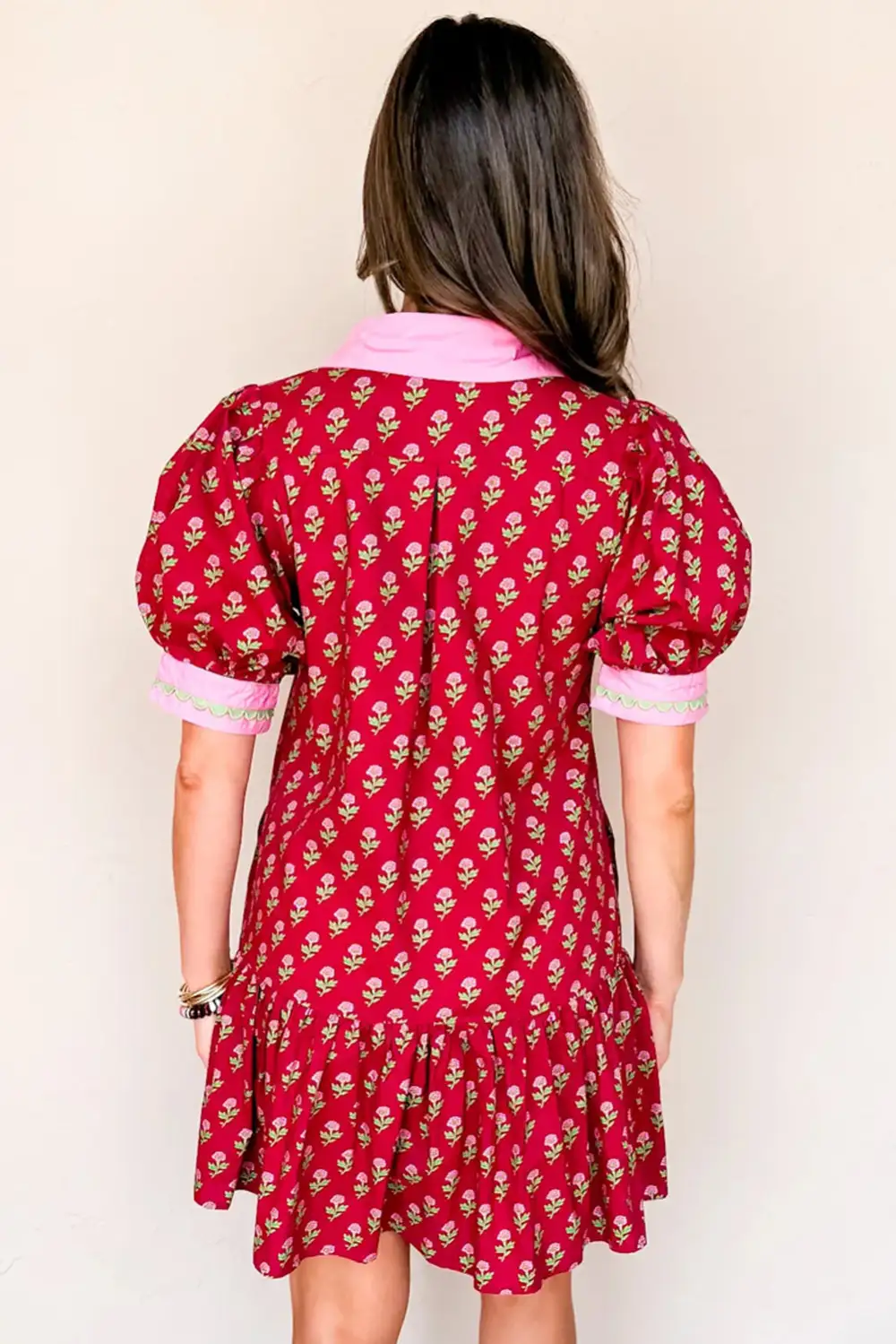 Women's Floral Print V Neck Puff Sleeve Mini Dress