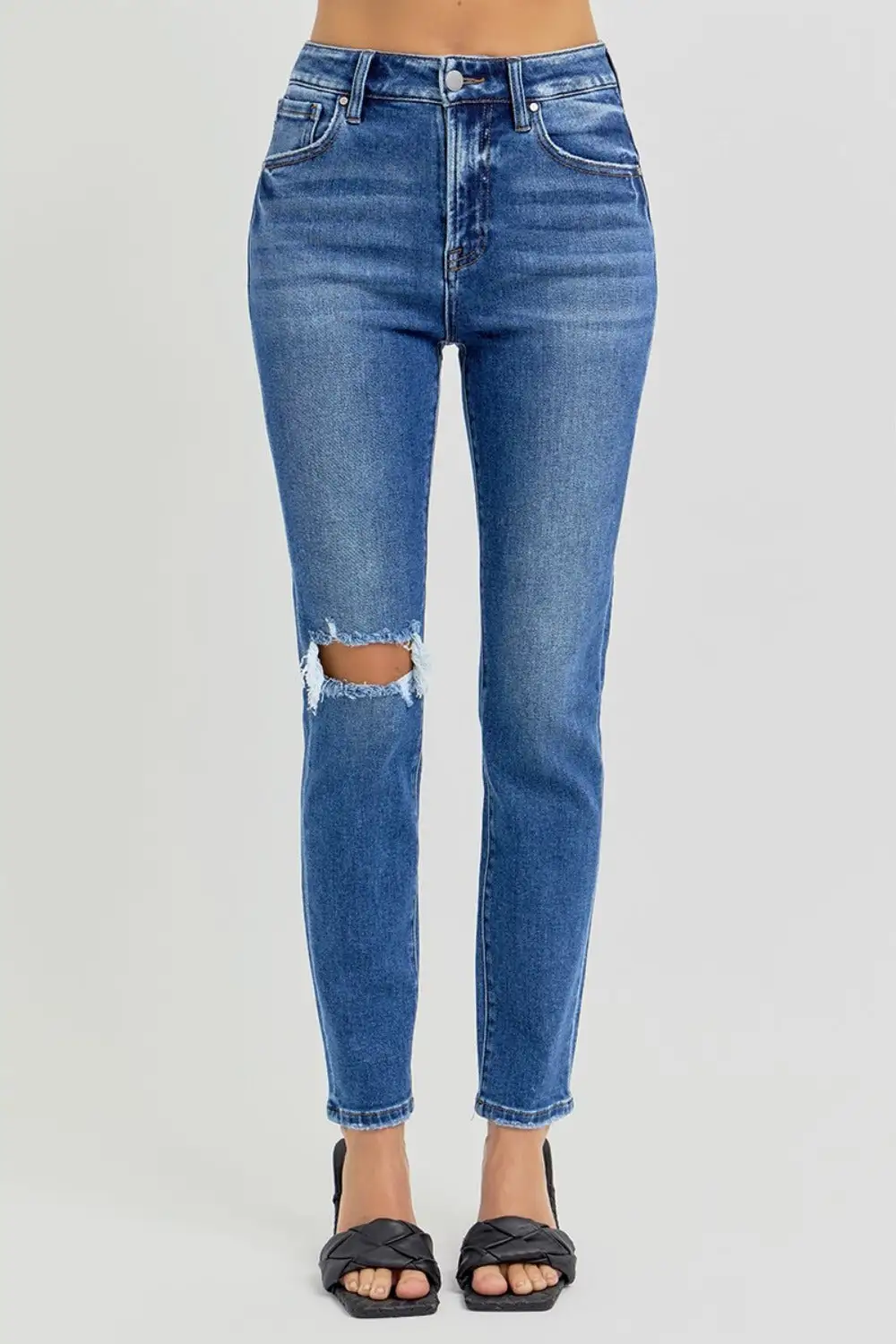 High Rise Ankle Skinny Knee Distressed Denim Jeans