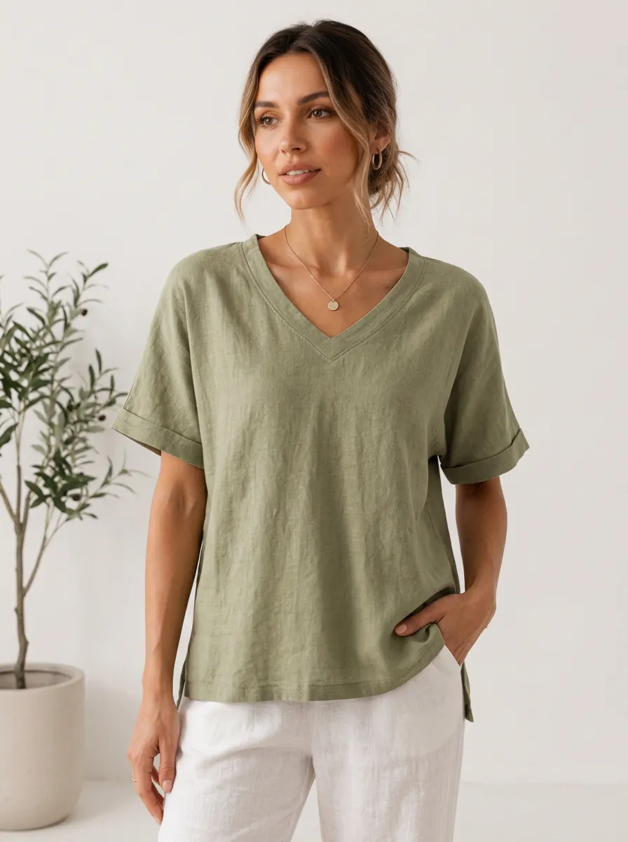 Women's Casual Olive Green V-Neck Rolled Sleeve Linen Top