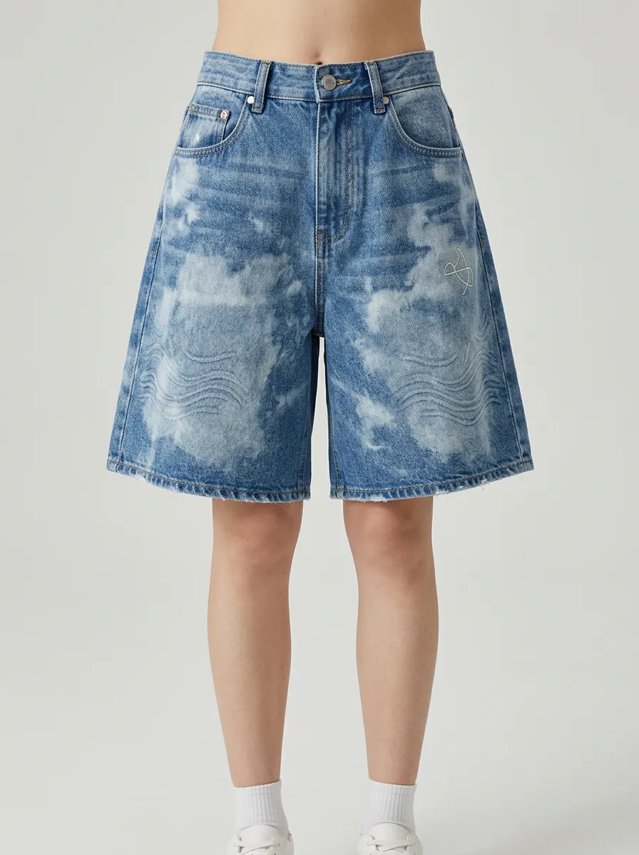 Cloud Wash Wave Embroidered Graphic Denim Shorts