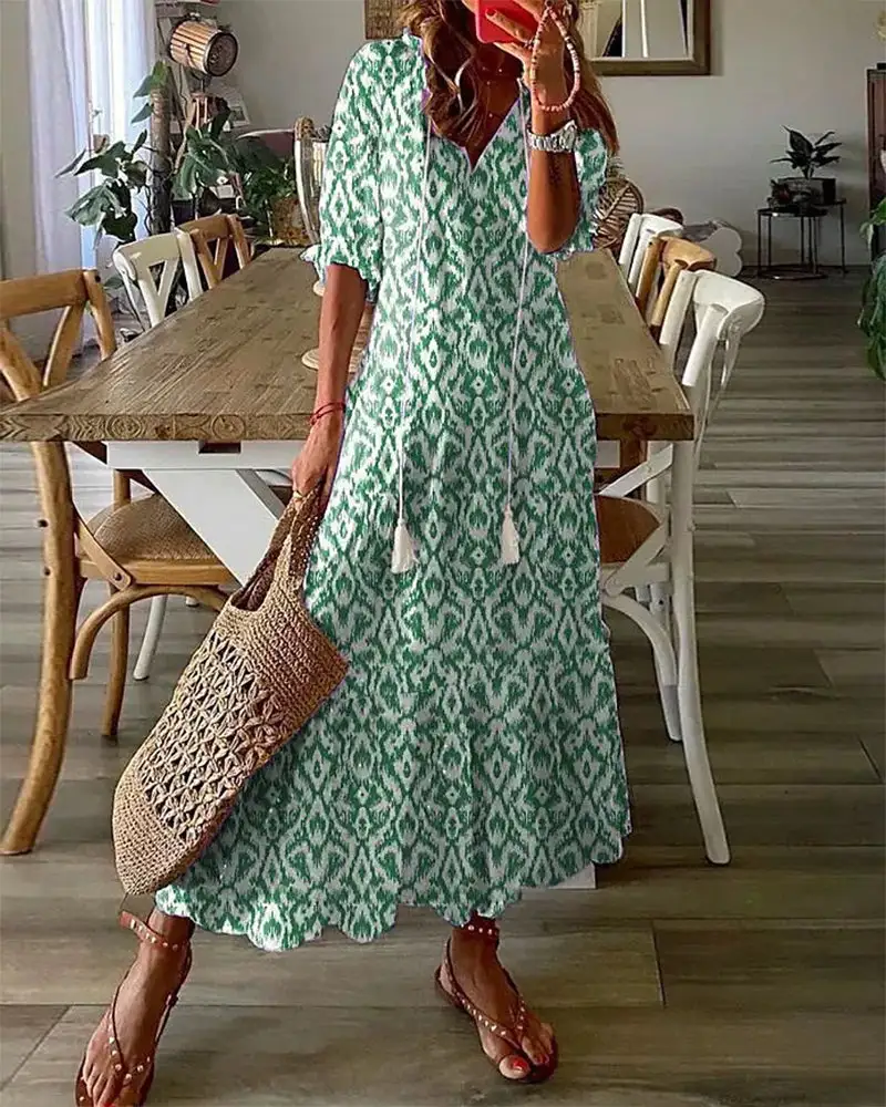  Boho Ikat Print Maxi Dress