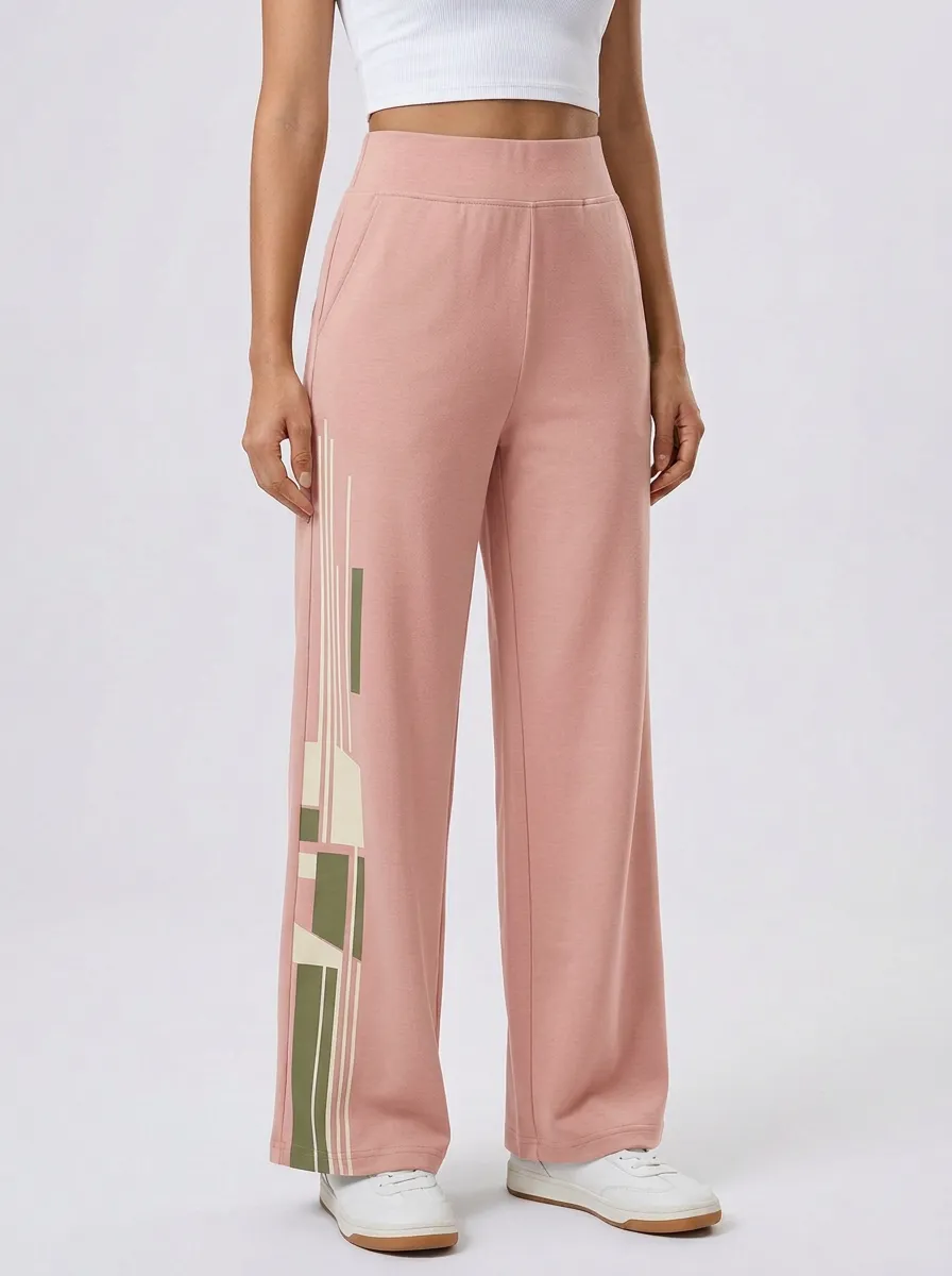 Women's Sage Green Graphic Print Wide-Leg Trousers Sweatpants