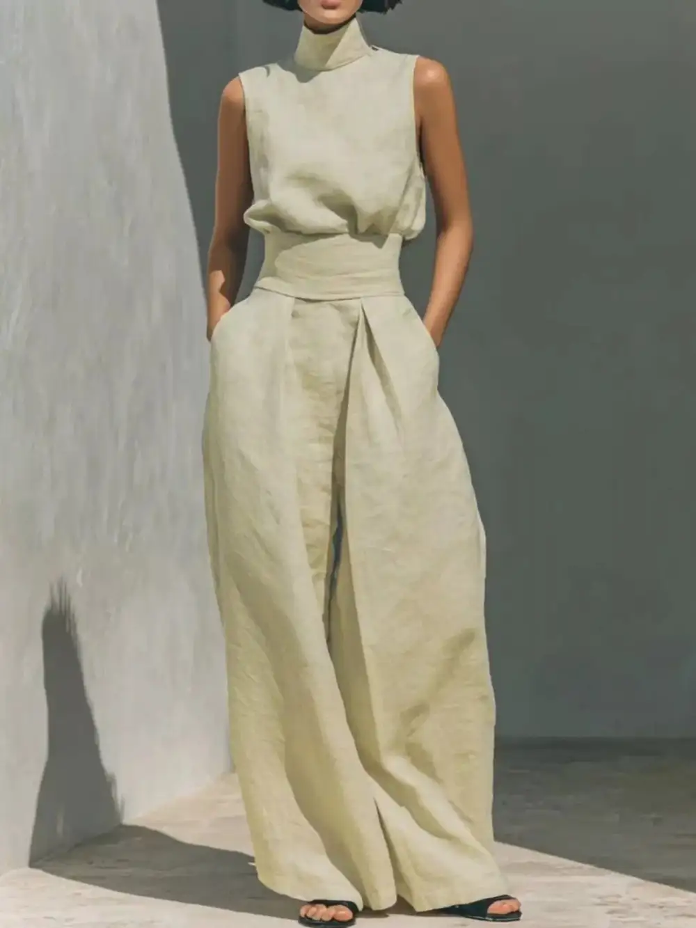 Turtleneck Sleeveless Top and Wide Leg Pants Set
