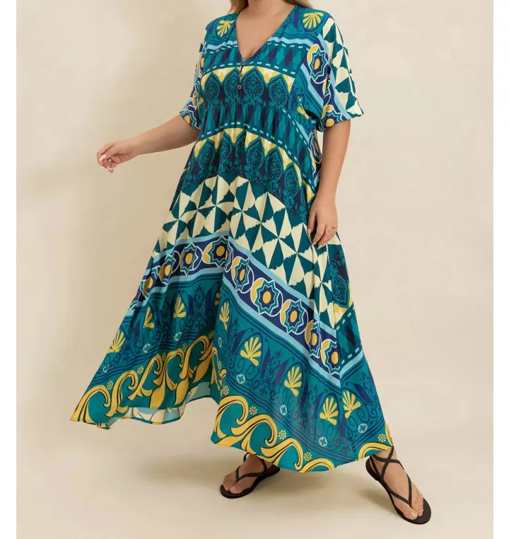 Plus Size V-Neck Half Sleeve Midi Dress