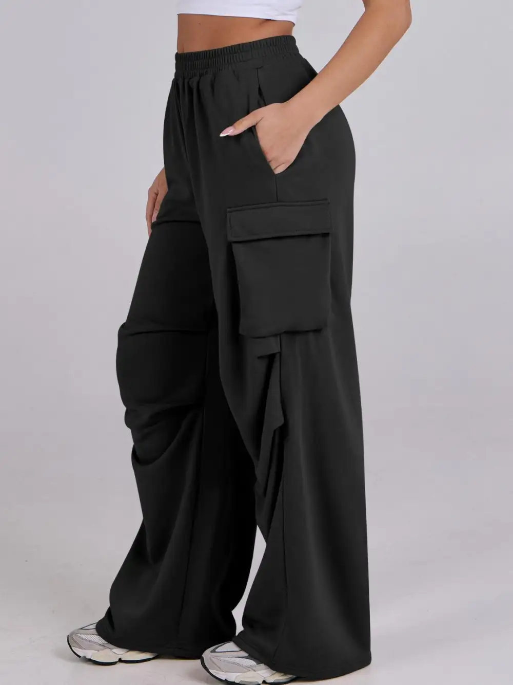 Elastic Waist Wide Leg Pants With Pocket