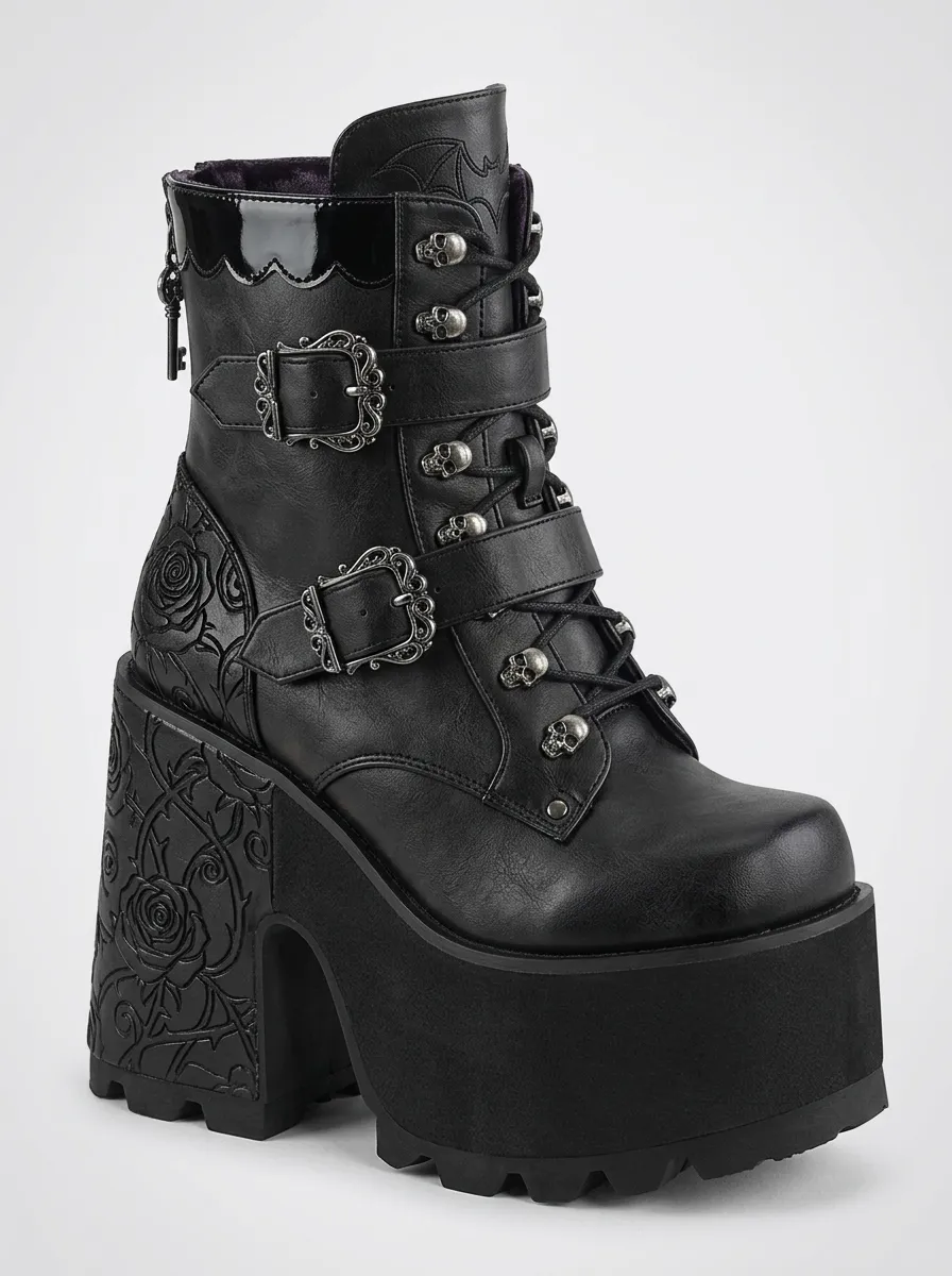Dramatic Skull Rose Embossed Victorian Look Women's Gothic Platform Boots