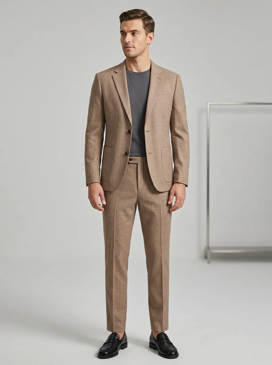 Notch-Lapel Two-Button Micro-Check Plaid Men's Two-Piece Suit Set