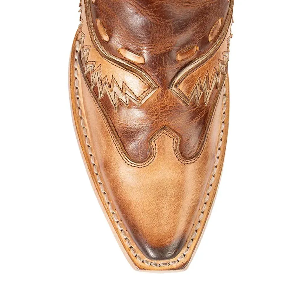 Faux-Leather Distressed Zip-Up Patchwork Mid-Calf Boots