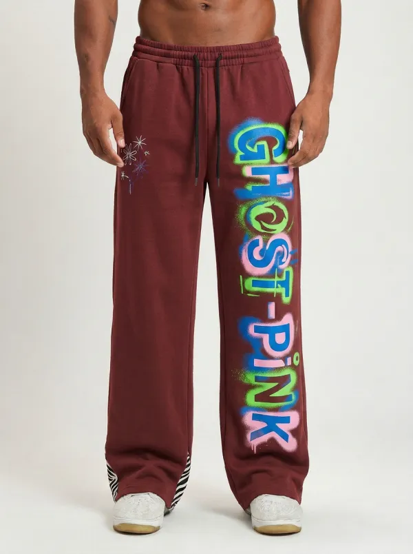 Men's Streetwear Ghost-Pink Graffiti Floral Printed Sweatpants