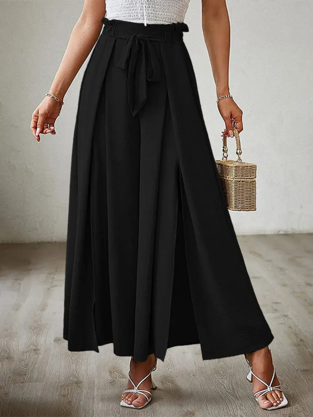 Wide Leg Tie Waist Slit Detail Casual Pants