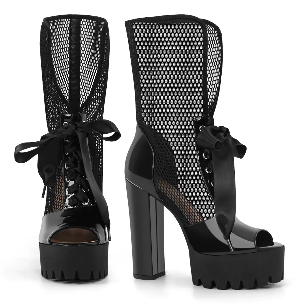 Peep Toe Mesh Platform Lace Up Boot Sandals