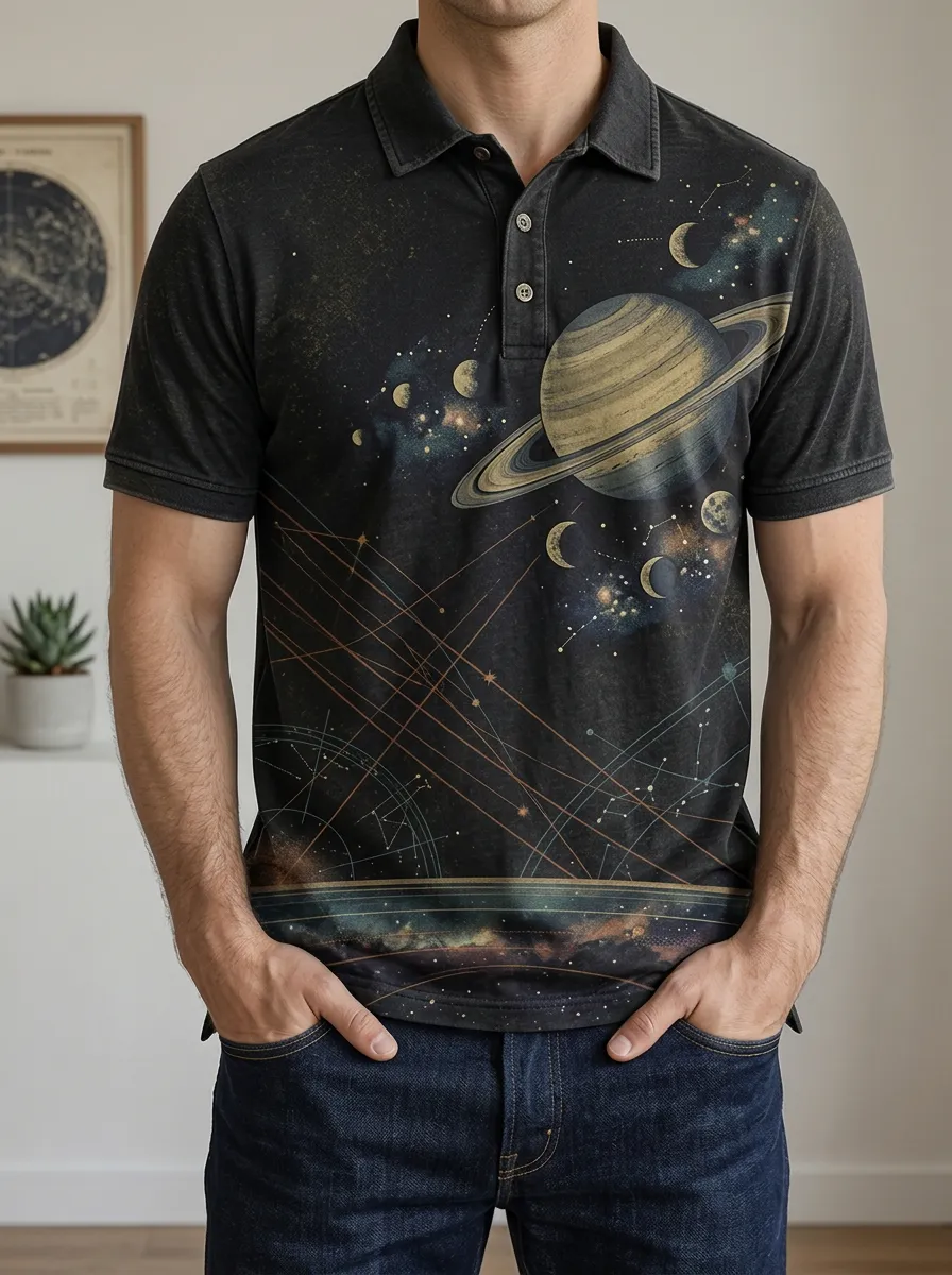 Men's Astronomy Lover Saturn Planet Printed Polo Shirt Relaxed Daily Style
