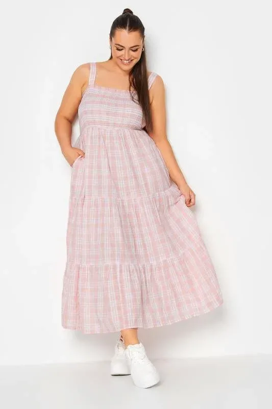 Pink Check Print Shirred Strappy Sundress