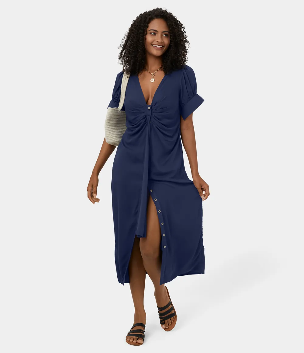 Deep V Neck Bishop Sleeve Button Tie Front Ruched Midi Casual Dress