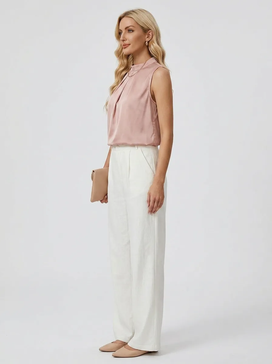 Pleated Mock Neck Sleeveless Blouse