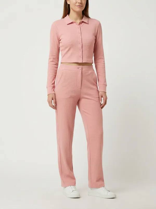 Women's Waffle-Knit Button-Down Polo Crop Top and Straight-Leg Trouser Set