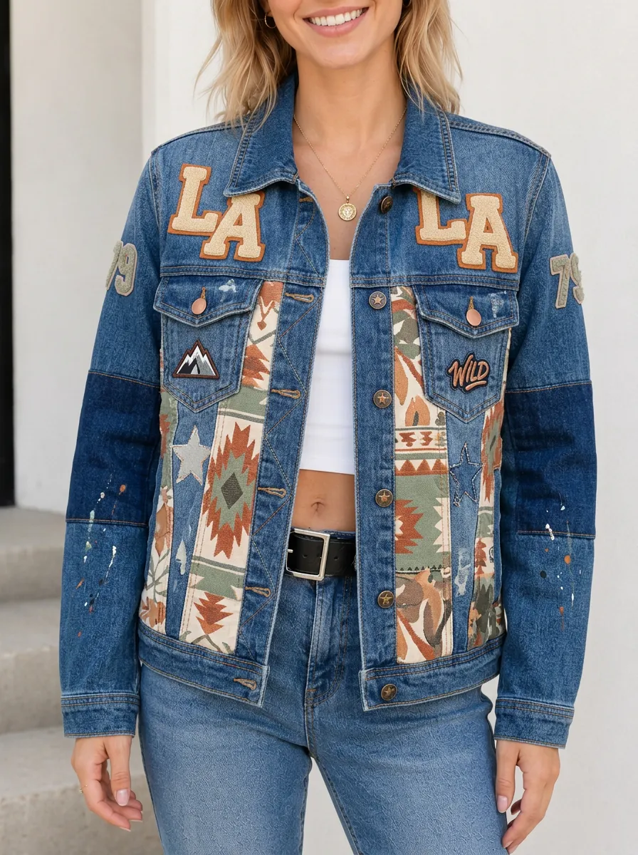 Women's LA Western Aztec Patchwork Printed Denim Jacket