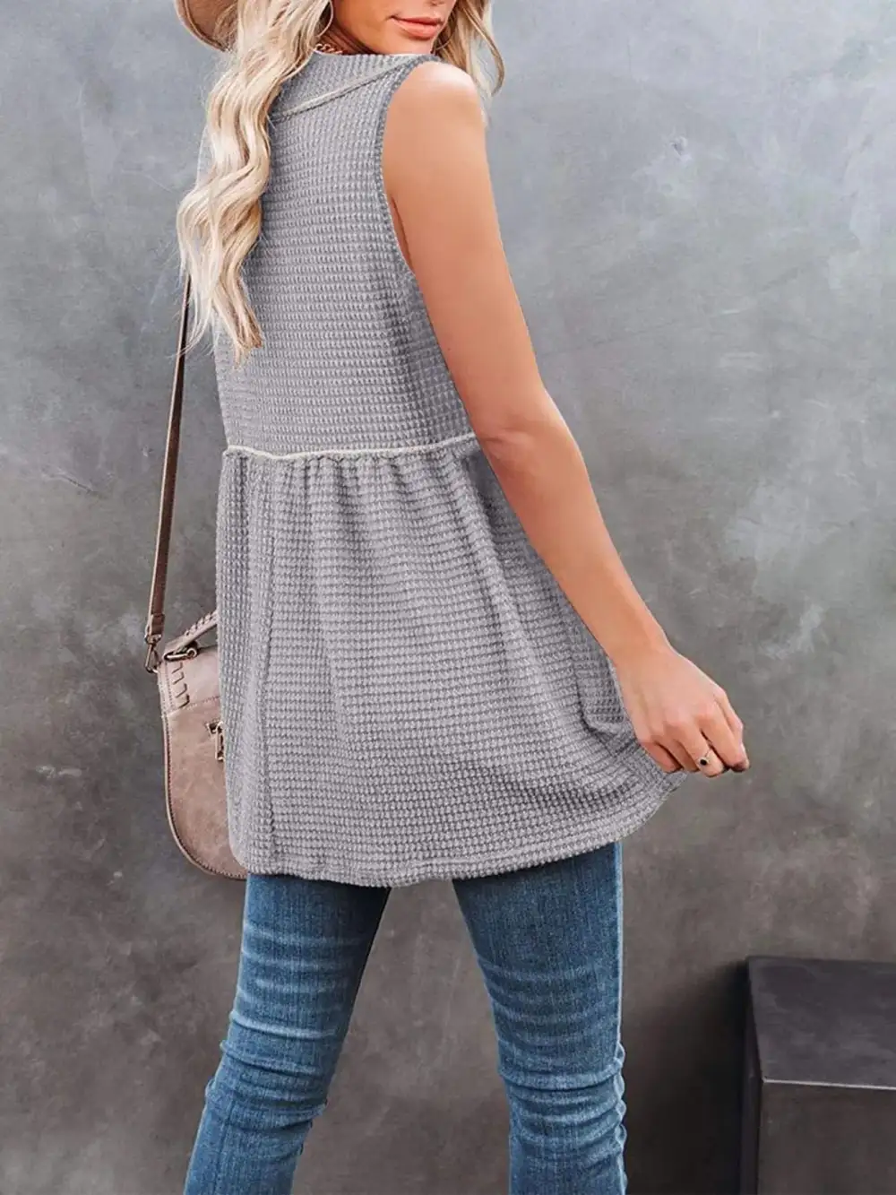 V-Neck Waffle Knit Tank Top With Contrast Stitching