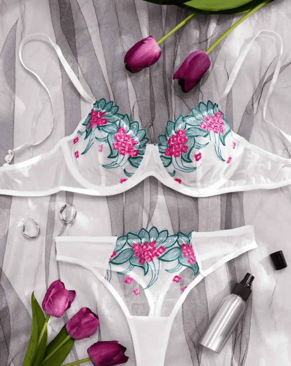 Layered Floral Mesh Lingerie Set