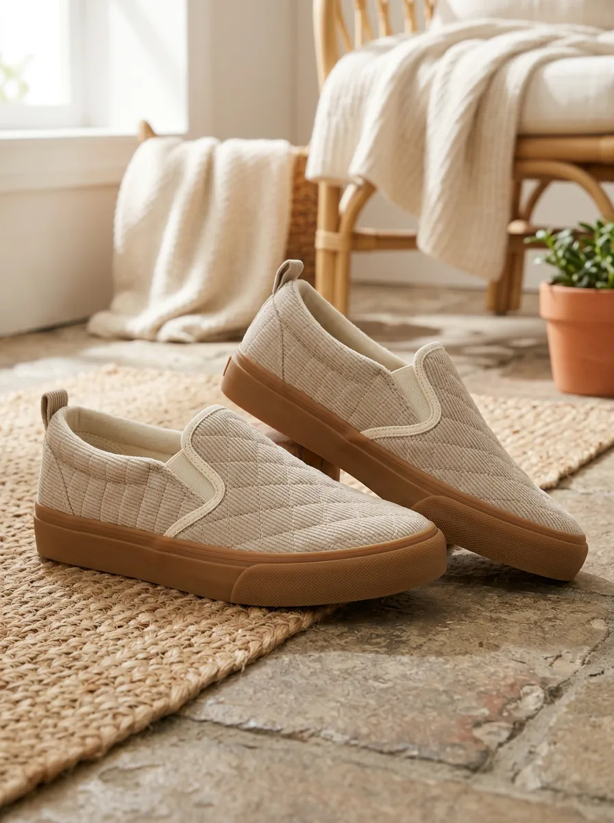 Women's Casual Beige Quilted Pattern Slip-on Shoes