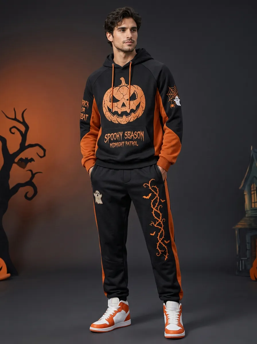 Men's Halloween Pumpkin Ghost Printed Tracksuit Set