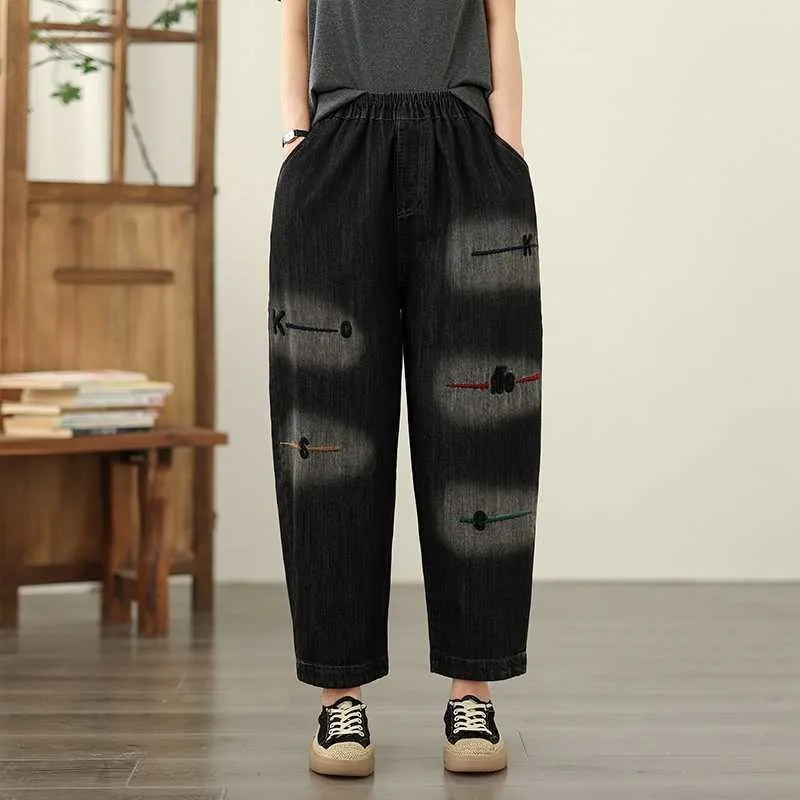 Women's Cropped Embroidered Harem Jeans