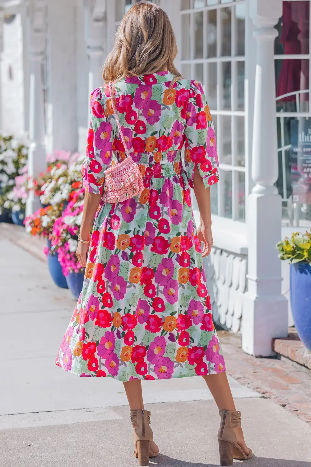 Women's Floral Print V Neck Half Sleeve Zip Front Dress