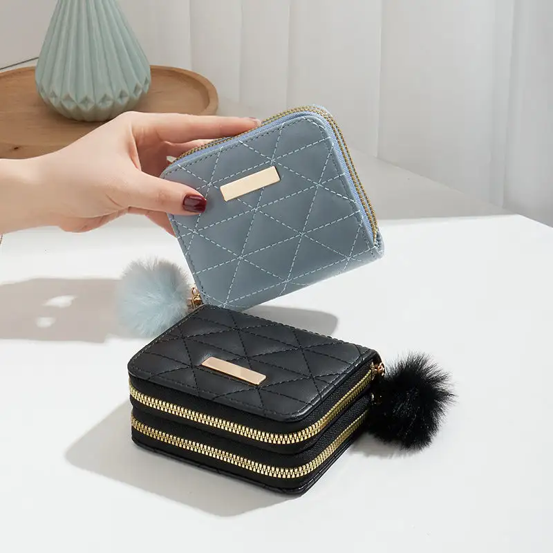 Compact Faux Leather Quilted Zip Wallet Clutch