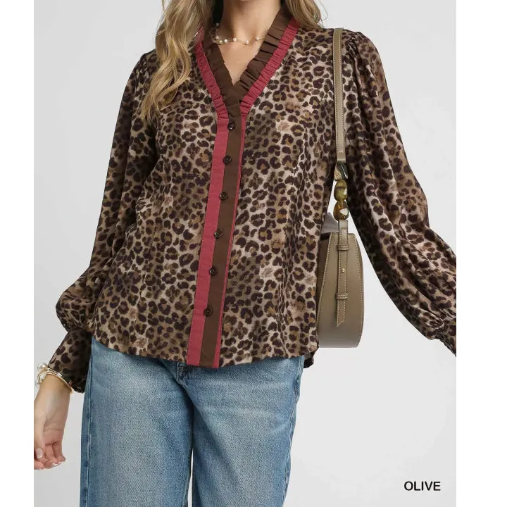 Ruffle Trim Leopard Print Shirt