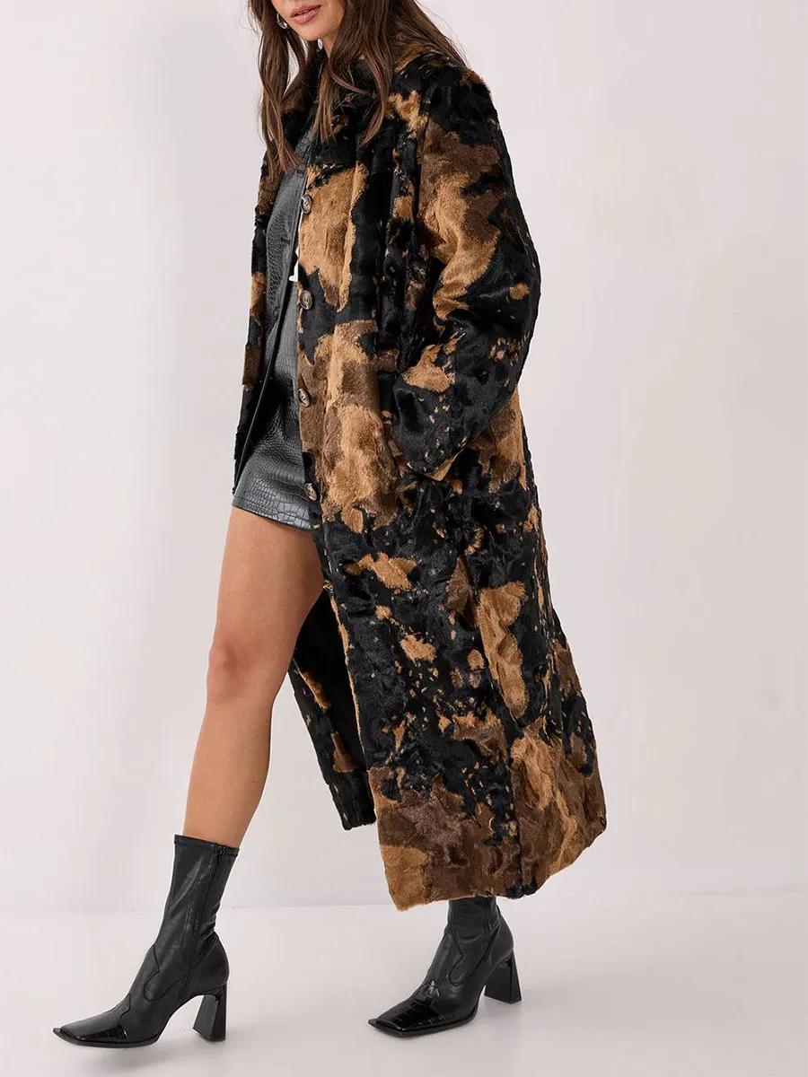 Brown Black Camo Print Long Shearling Coat