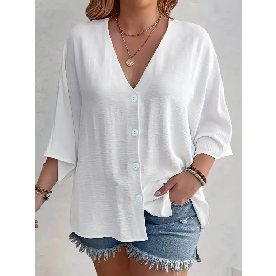 Full Size Casual V Neck Button Down Relaxed Fit Blouse Plus Size