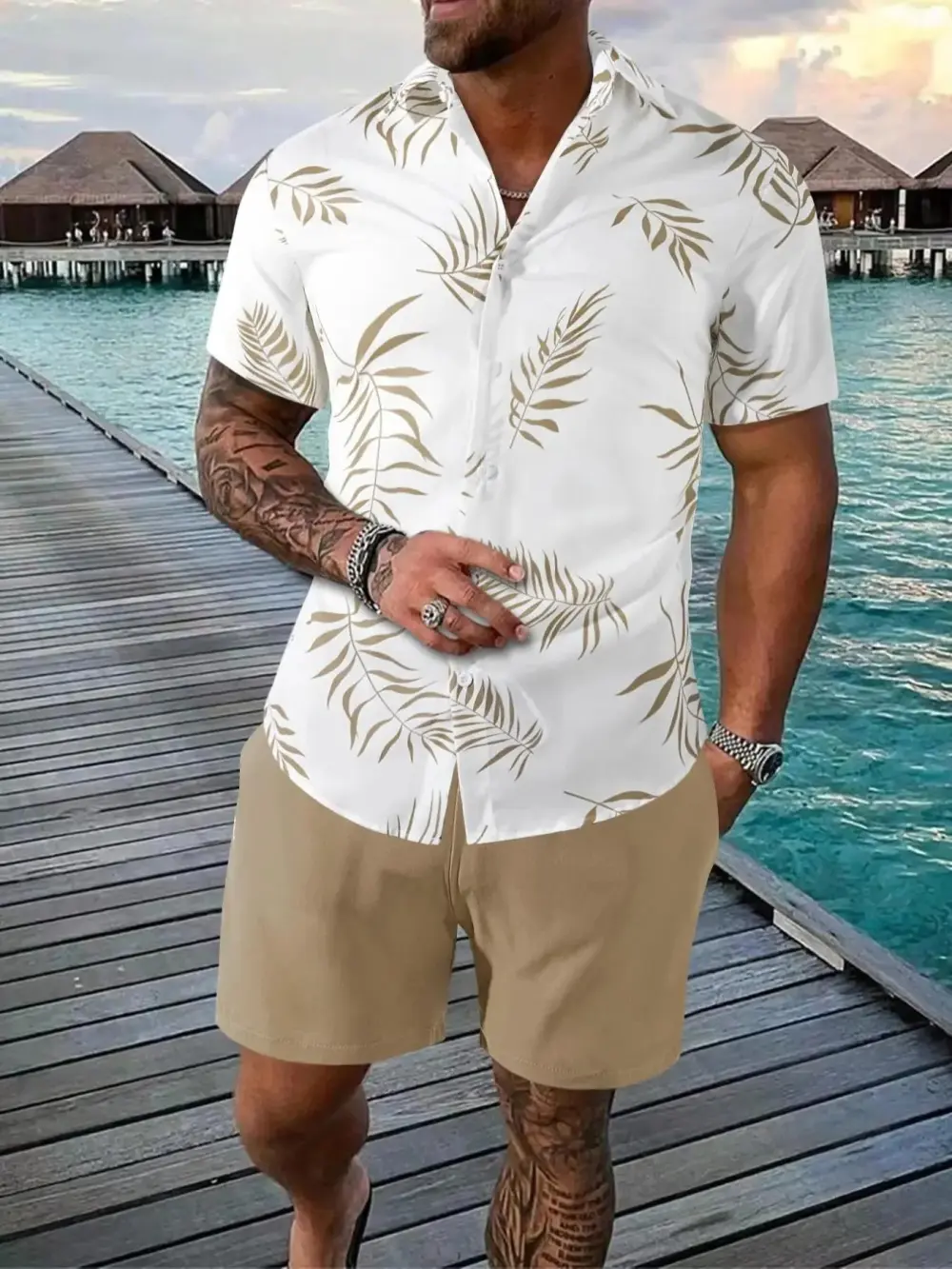 Men's Leaf Print Hawaiian Shirt & Drawstring Waist Short Set