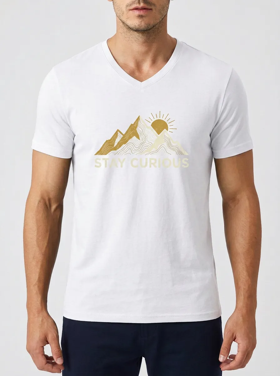 Men's Outdoor Adventure Stay Curious Mountain Sun Printed V-neck T-shirt