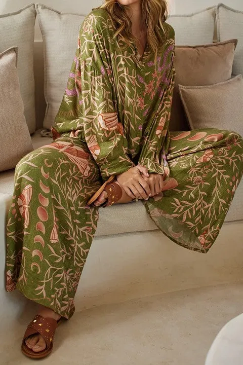 Green Fruit Print Flowy Wide Leg Pants
