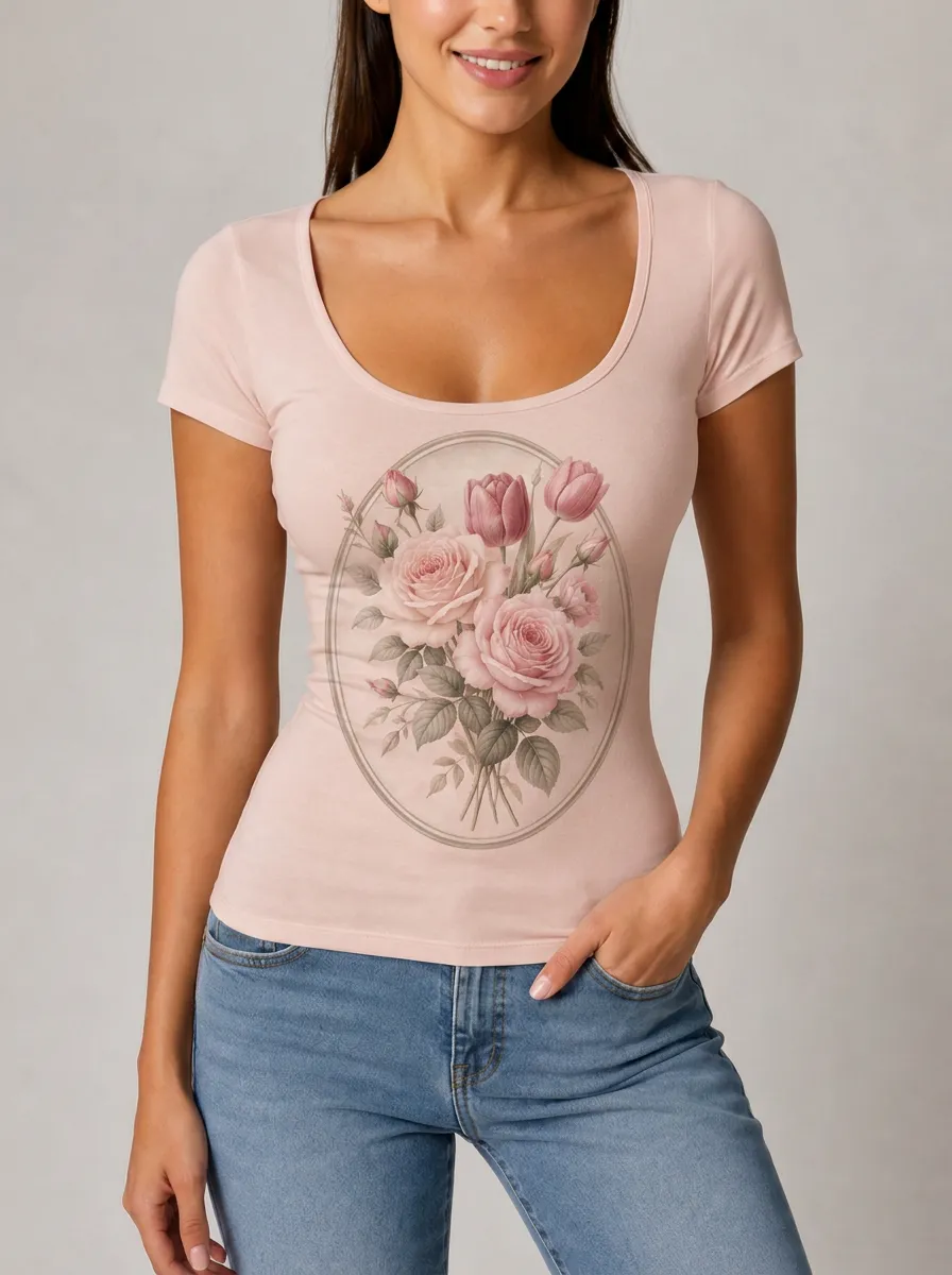 Women's Floral Lover Rose Tulip Oval Frame Printed T-shirt