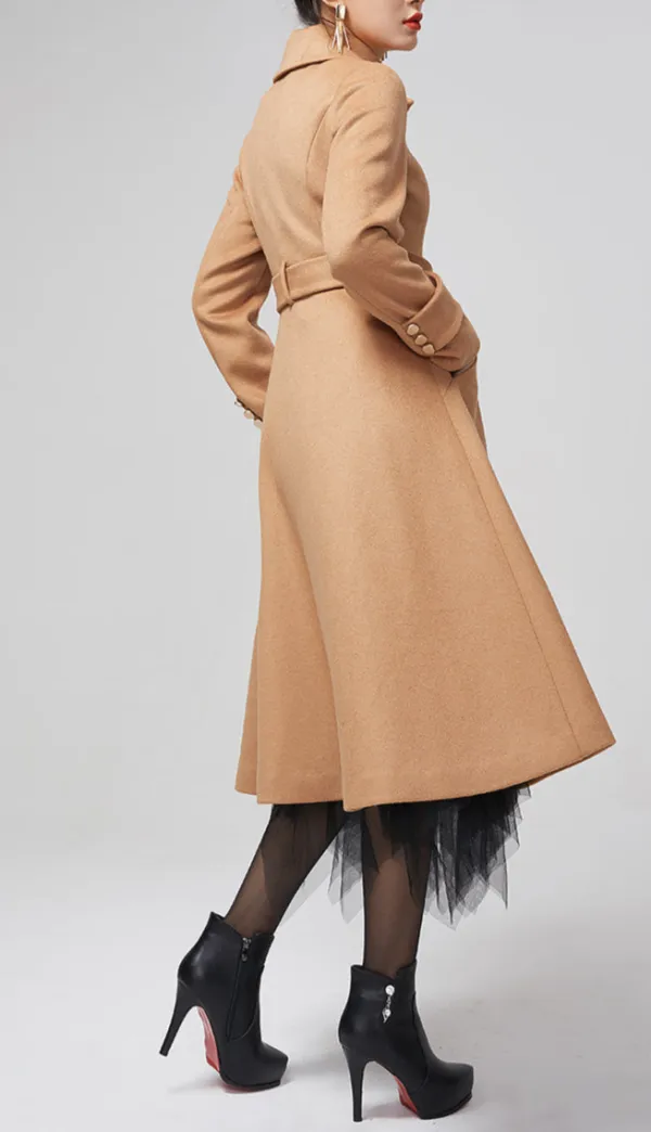 Wool Blend A Line Belted Lapel Collar Asymmetrical Midi Coat
