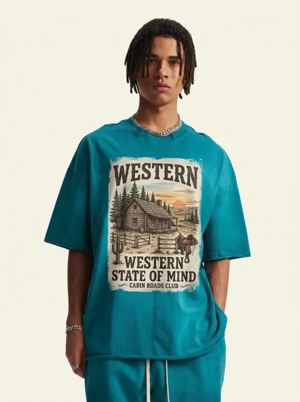 Men's Western State of Mind Cabin Landscape Printed T-shirt