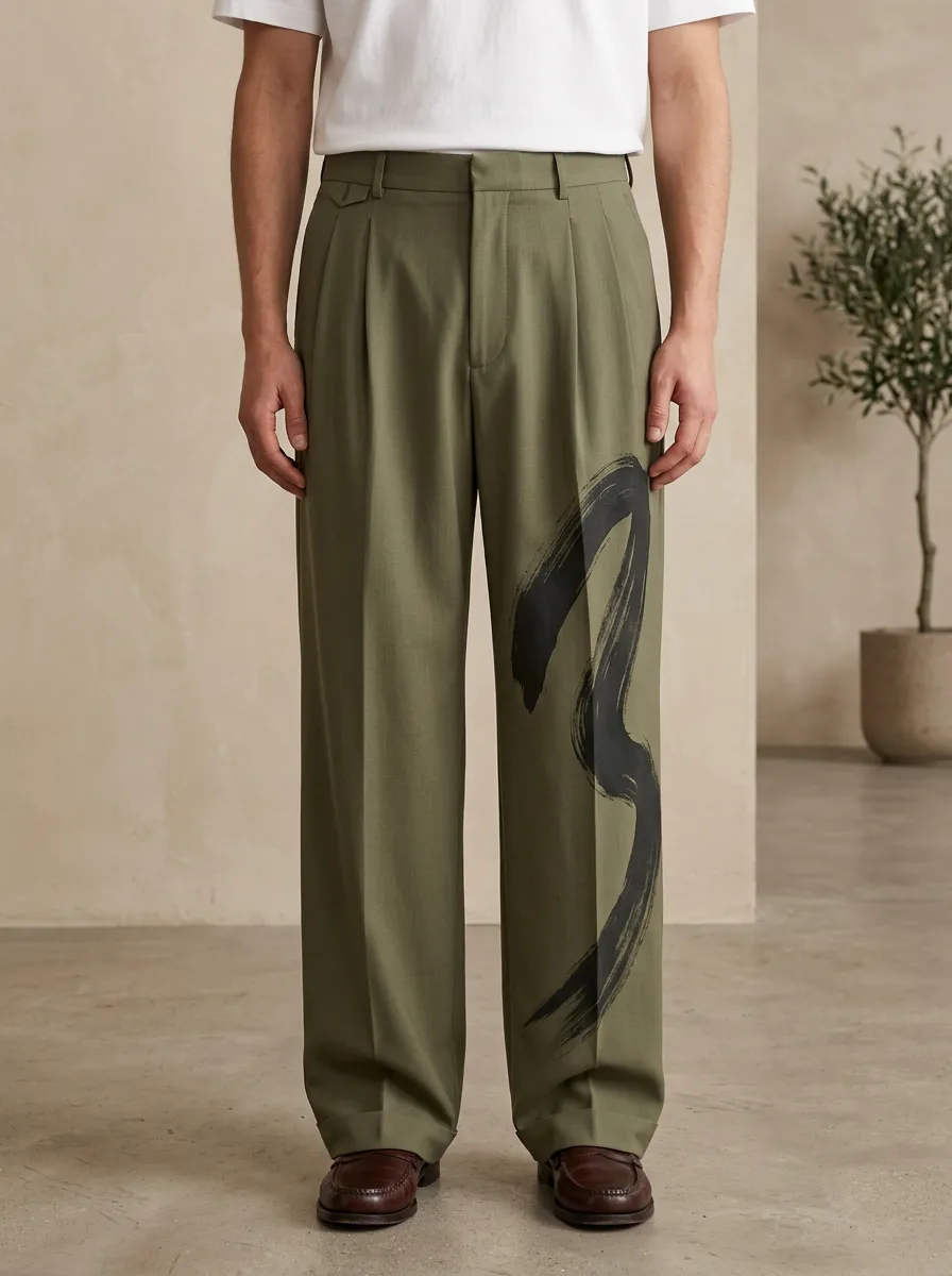 Men's Artistic Ink Brush Stroke Printed Wide Leg Trousers