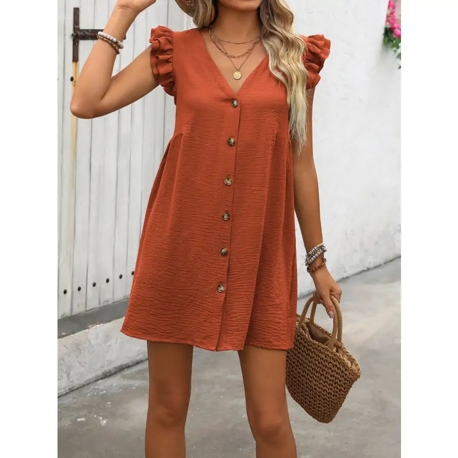 Button Up V-Neck Cap Sleeve Mini Dress