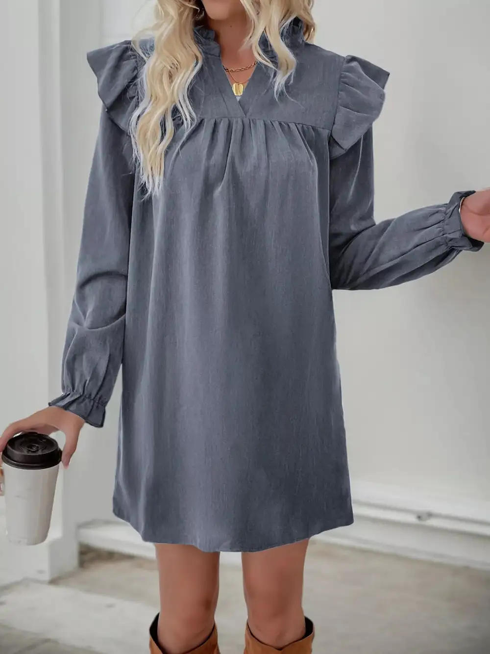 Smooth Finish Ruffle Long Sleeve Dress