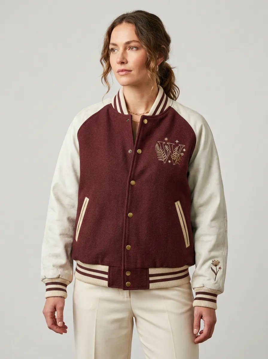 Women's Botanical W Letter Floral Printed Varsity Jacket