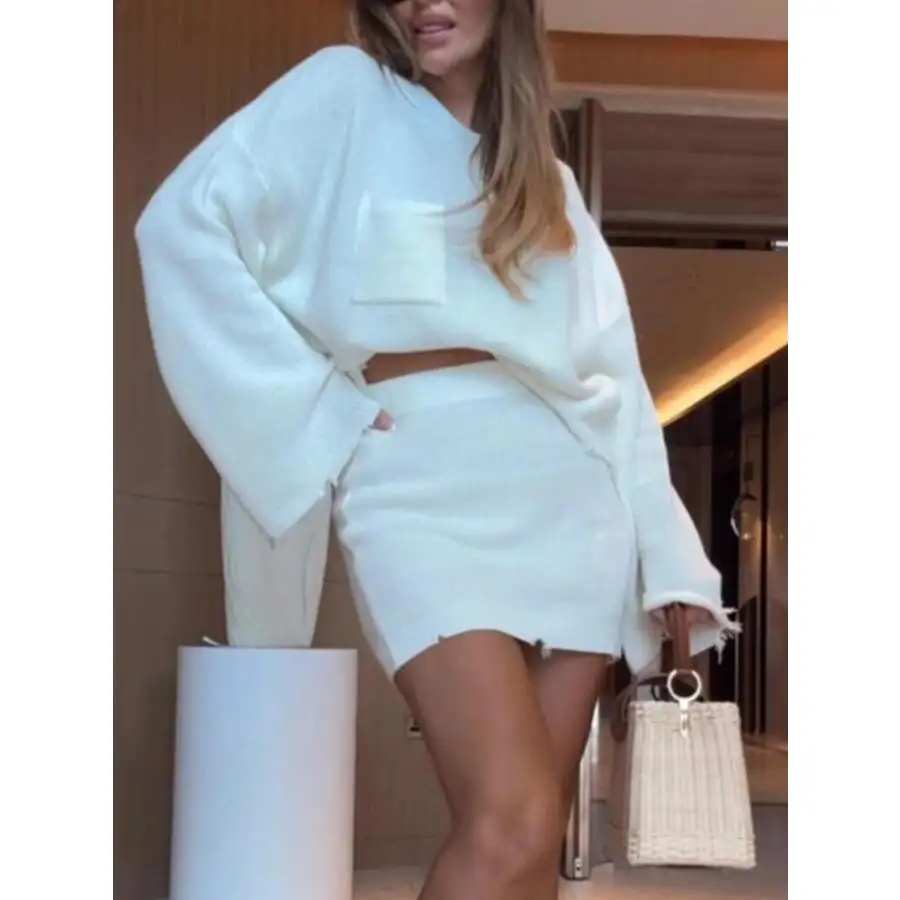 Ribbed Knit Long Sleeve Top and Skirt Sweater Set