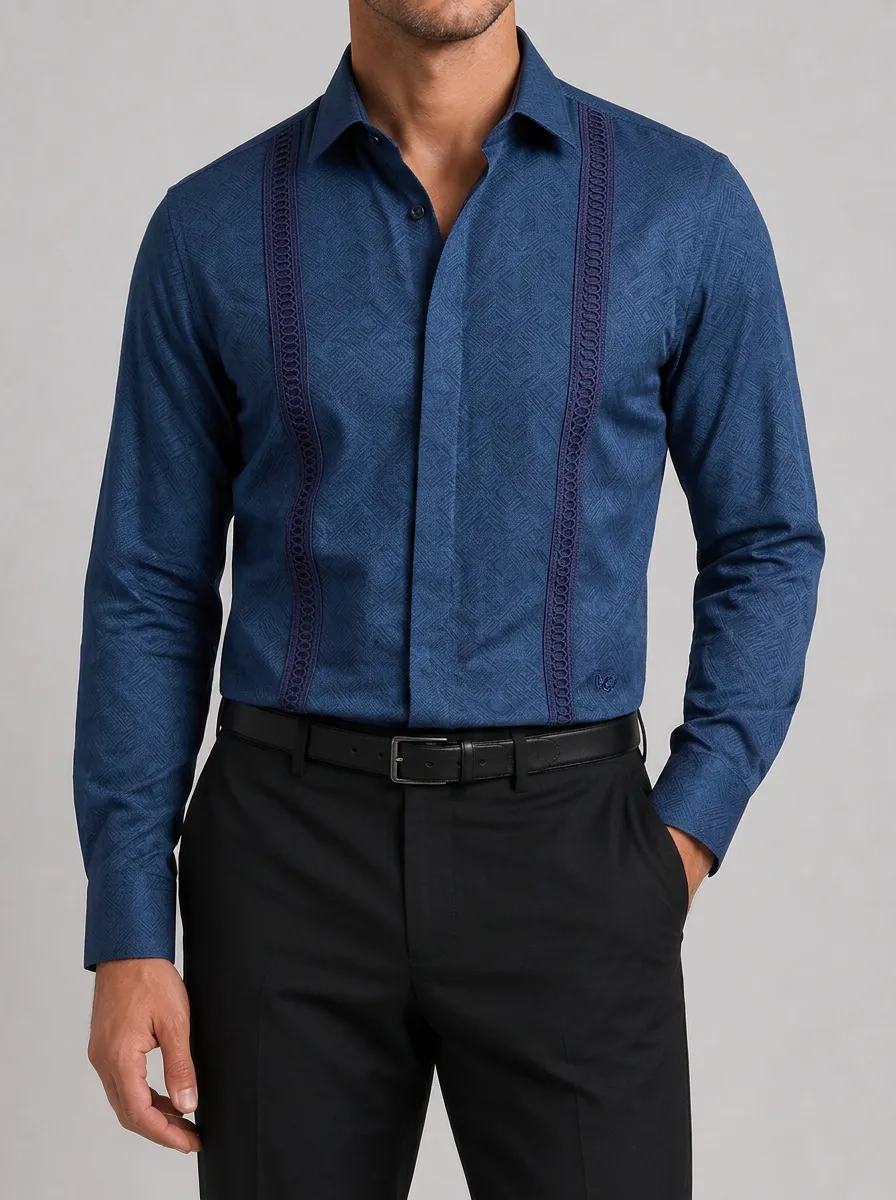 Men's Geometric Pattern Embroidered Trim Printed Long Sleeve Shirt