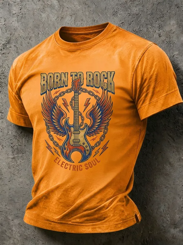 Unisex Rock Music Lover Winged Guitar Born To Rock Printed T-shirt